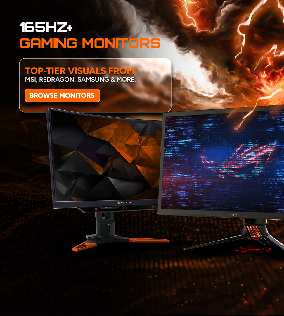 Premium gaming accessories including keyboards, headsets, and monitors arranged stylishly