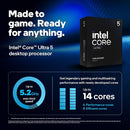 Intel Core Ultra 5 desktop processor packaging with specifications on a blue background