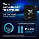 Intel Core Ultra 5 desktop processor packaging with performance specifications on a blue background