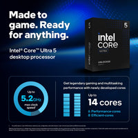 Intel Core Ultra 5 desktop processor packaging with performance specifications on a blue background