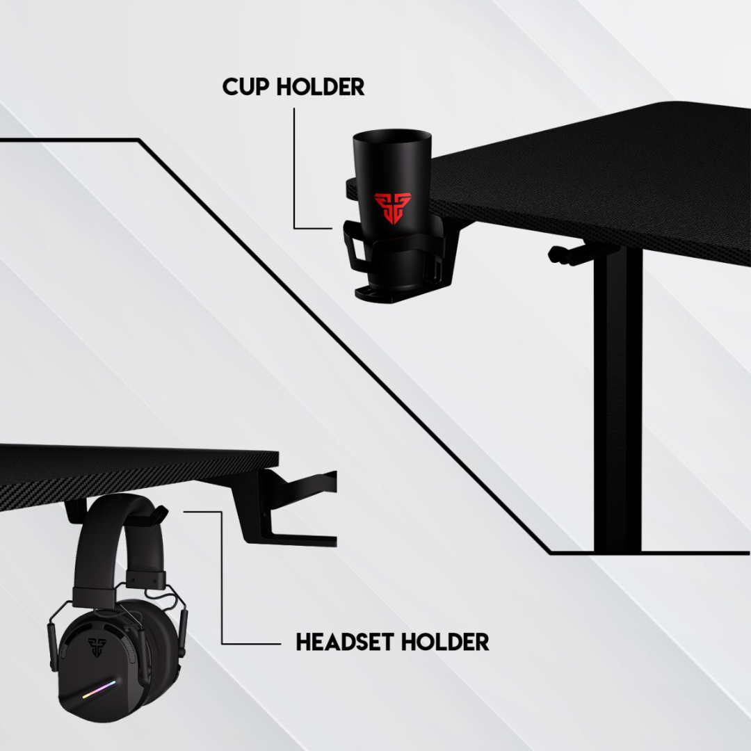 Black cup holder and headset holder attached to a black desk with white background
