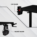 Black cup holder and headset holder attached to a black desk with white background