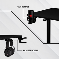 Black cup holder and headset holder attached to a black desk with white background