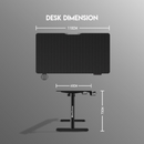 Black adjustable desk with dimensions labeled on a gray background