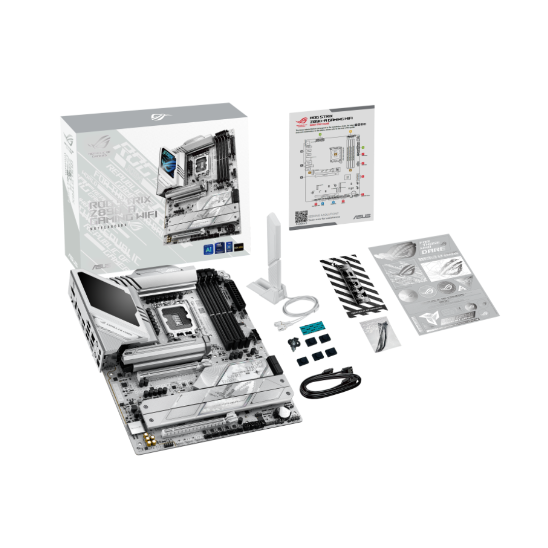 Computer motherboard with packaging and accessories on a white background