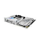 Computer motherboard with various ports and slots on a white background