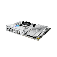 Computer motherboard with various ports and slots on a white background