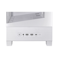 White computer case with front panel displaying ports on a white background