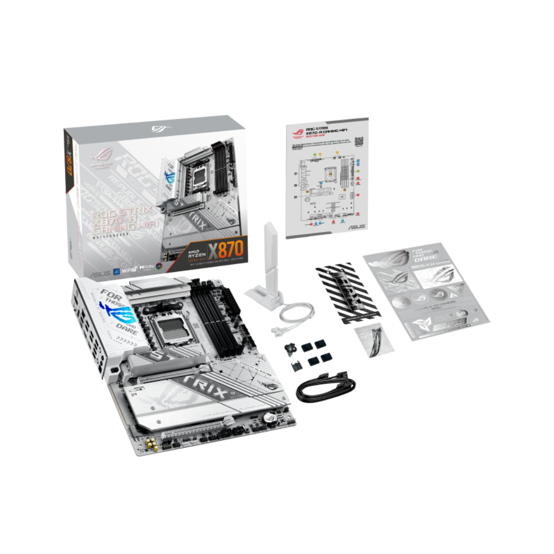 Computer motherboard kit with packaging and accessories on a white background