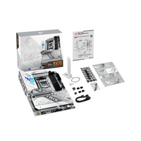 Computer motherboard kit with packaging and accessories on a white background