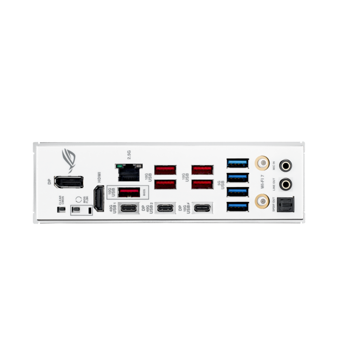 Computer motherboard with various ports on a white background