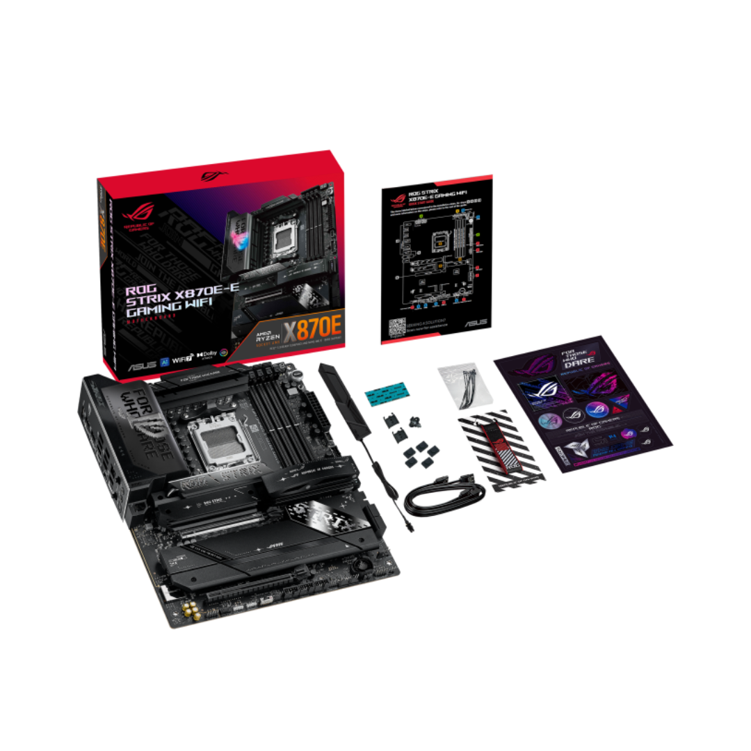 Asus ROG Strix X870E-G Gaming motherboard with packaging and accessories on a white background