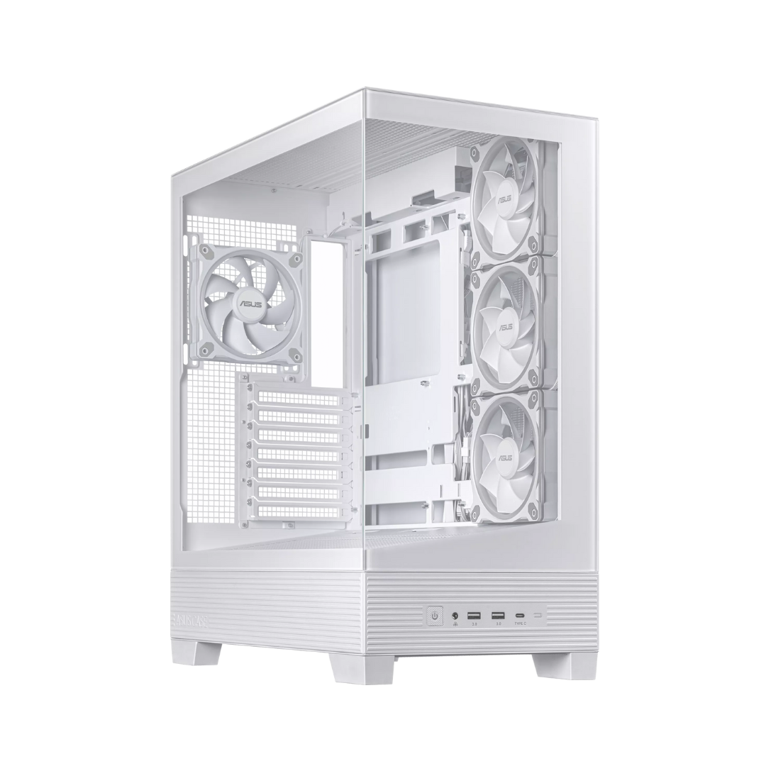 White computer case with multiple fans on a white background