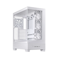 White computer case with multiple fans on a white background