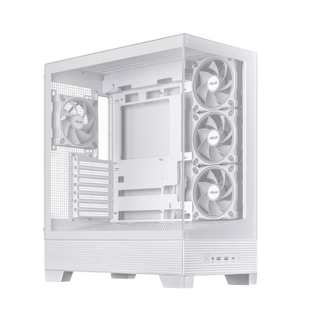 White computer case with multiple fans on a white background
