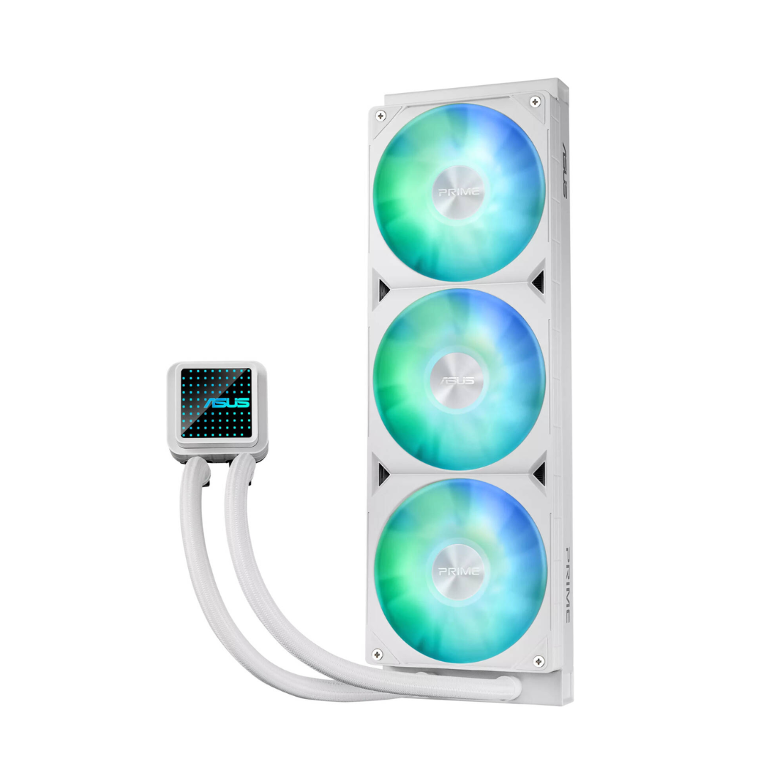 Computer cooling system with three RGB LED fans on a white background