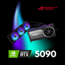 NVIDIA GeForce RTX 5090 graphics card with Republic of Gamers branding on a dark background.