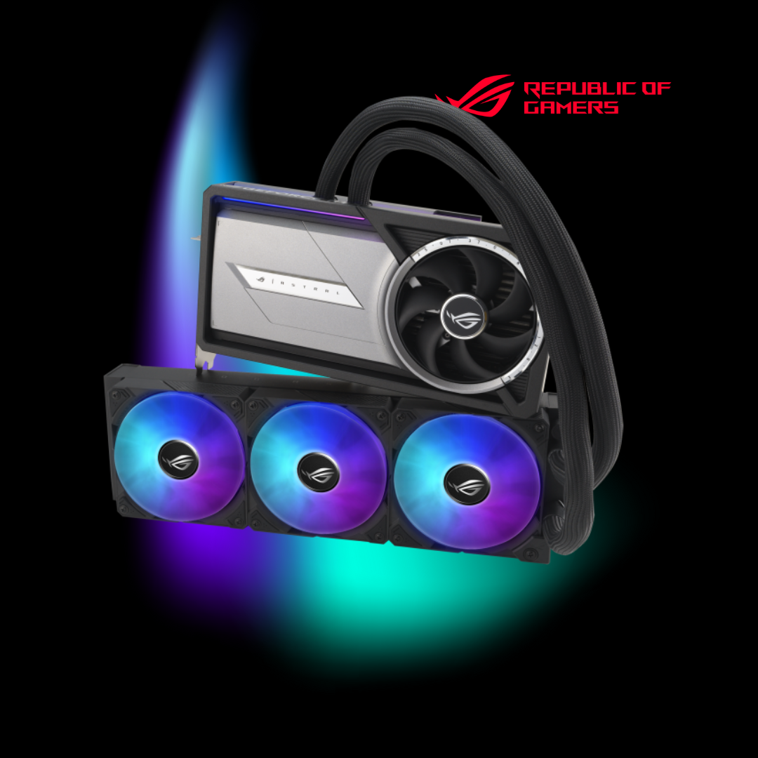 Computer cooling system with RGB lights and Republic of Gamers logo on a dark background