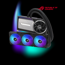 Computer cooling system with RGB lights and Republic of Gamers logo on a dark background