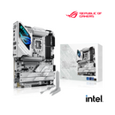 Computer motherboard with ROG and Intel logos on a white background