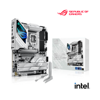 Computer motherboard with ROG and Intel logos on a white background