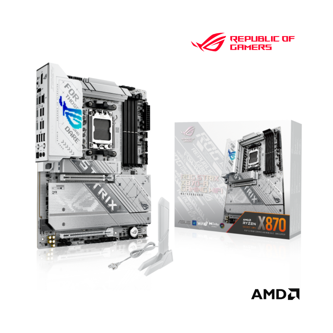 ASUS ROG STRIX X870-A GAMING WIFI ATX Motherboard AMD: AM5 Socket, 4 x DIMM DDR5 slots, 4 x M.2, 2.5Gb Ethernet, Wi-Fi 7, 12 Rear USB Ports, 9 Front USB Ports, Aura Sync - White