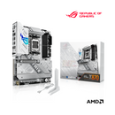 Motherboard with packaging and AMD logo on a white background