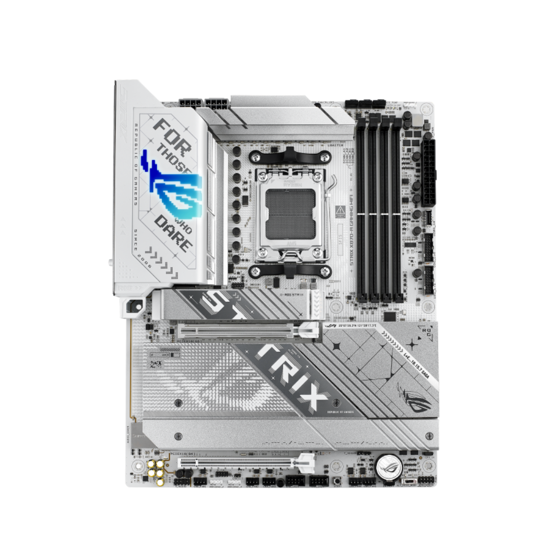 Computer motherboard with ROG (Republic of Gamers) branding on a white background