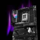 Computer motherboard with a glowing purple light effect on a black background