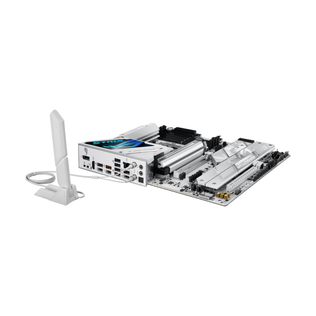 Computer motherboard with various components on a white background