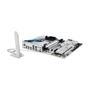 Computer motherboard with various components on a white background