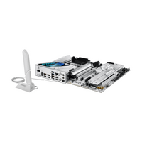 Computer motherboard with various components on a white background