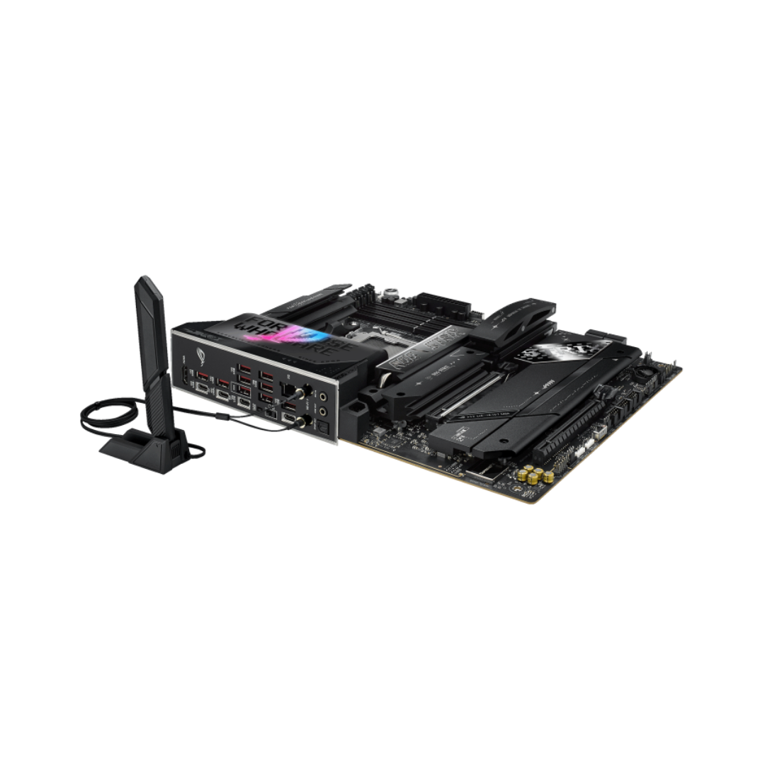 Computer motherboard with various components on a white background