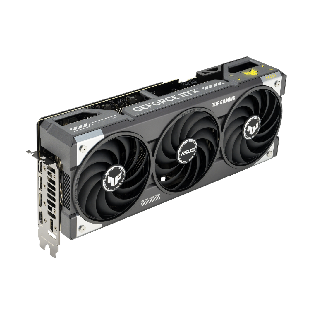 Asus GeForce RTX graphics card with three fans on a white background