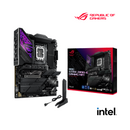 Asus ROG Strix Z890-E Gaming WiFi motherboard with packaging and Intel logo on a white background
