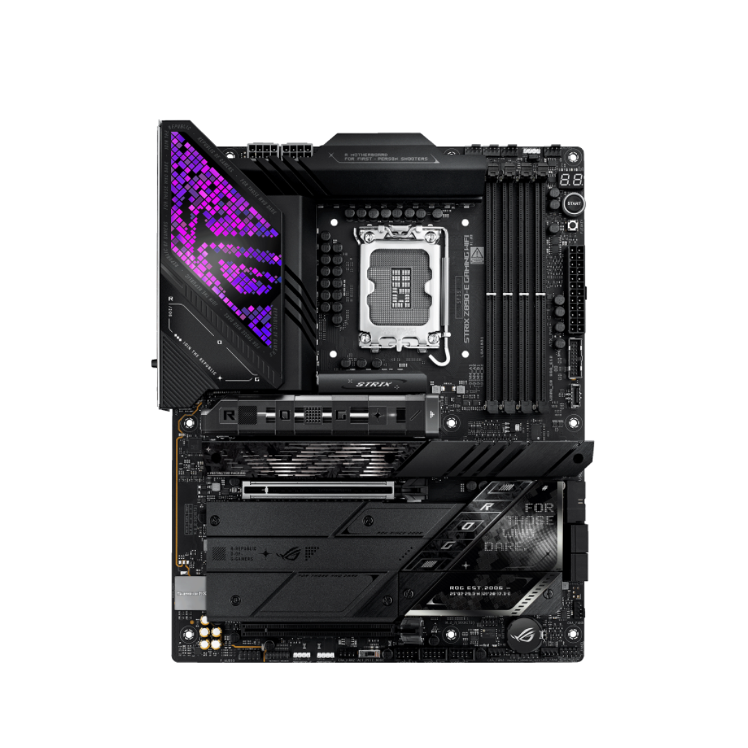 Computer motherboard with RGB lighting on a white background