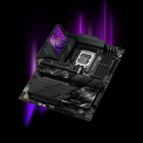 Computer motherboard with CPU on a black background with purple lighting