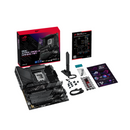 Computer motherboard with packaging and accessories on a white background