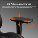3D adjustable armrest on a chair with arrows indicating flexibility.