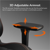 3D adjustable armrest on a chair with arrows indicating flexibility.