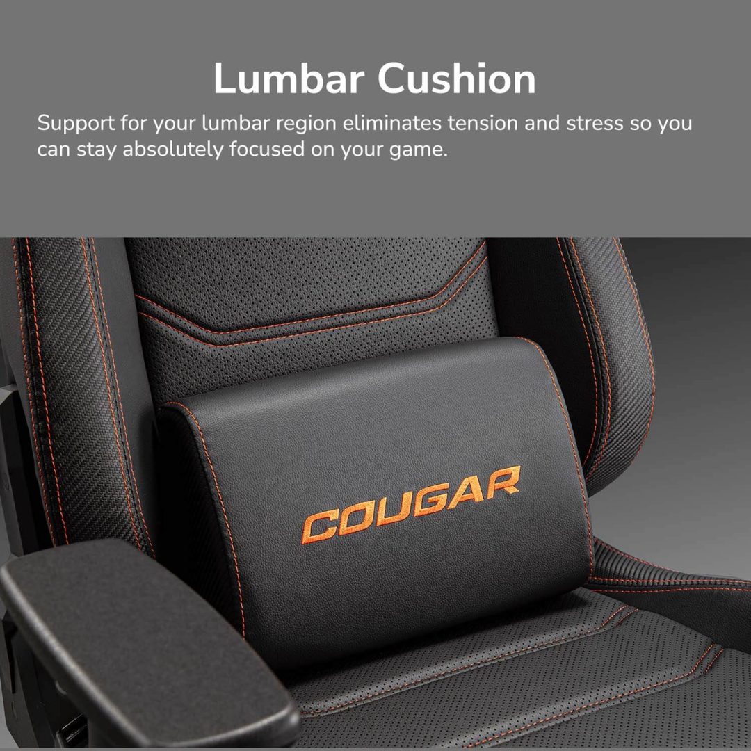 Gaming chair with a lumbar cushion featuring the Cougar logo on a dark background.