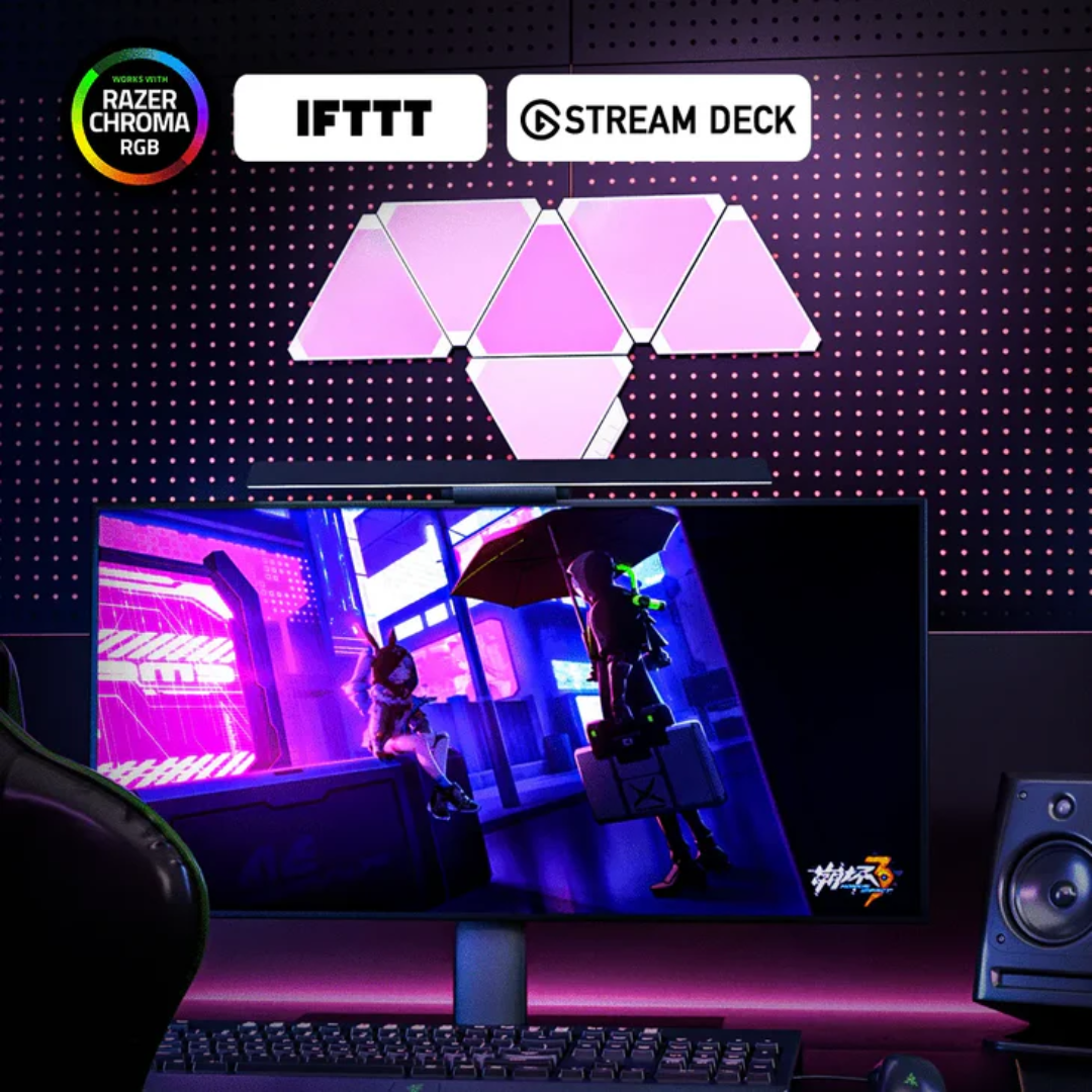 Cololight 6-piece smart triangle LED gaming lights on bedroom wall