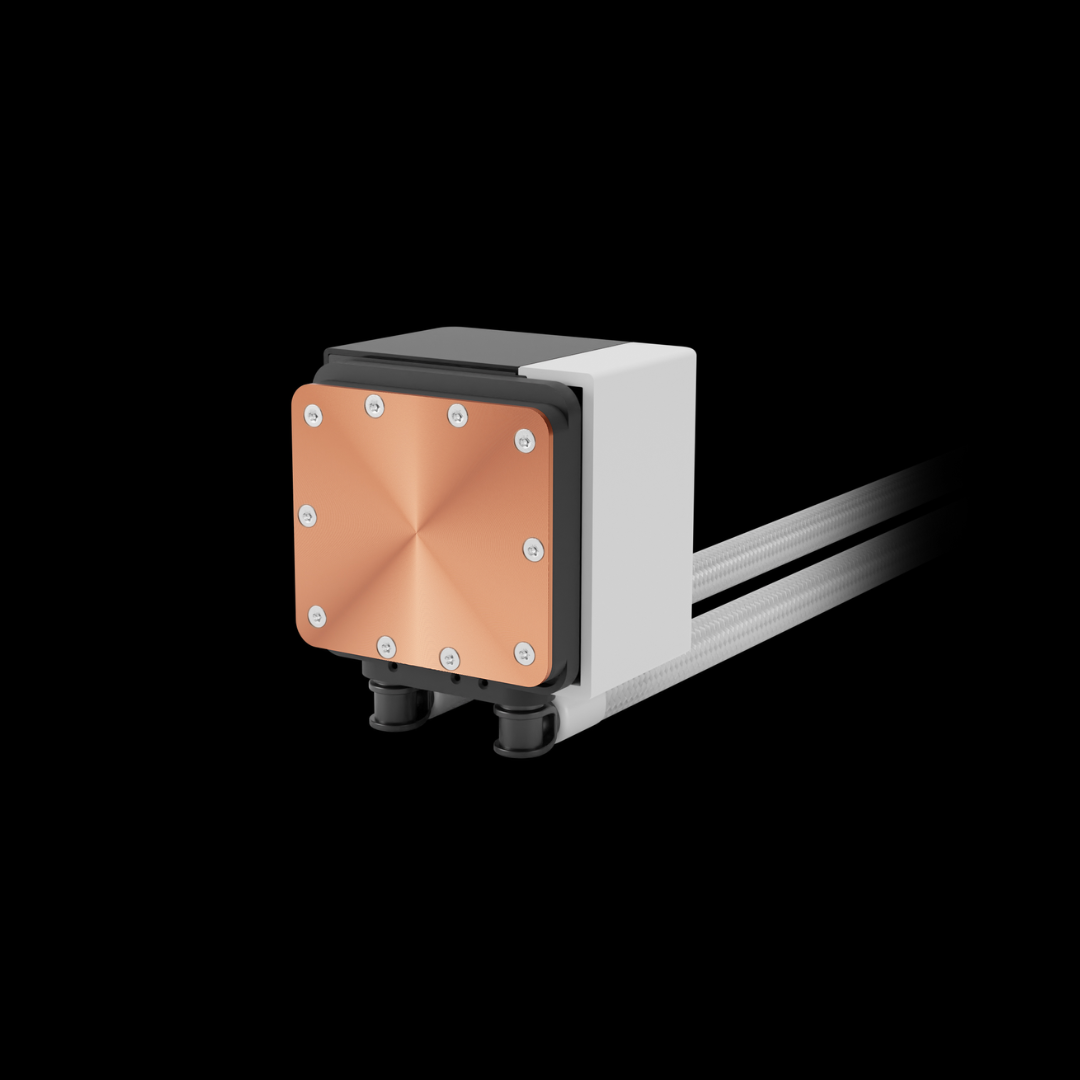 Computer cooling system with copper heatsink on a black background