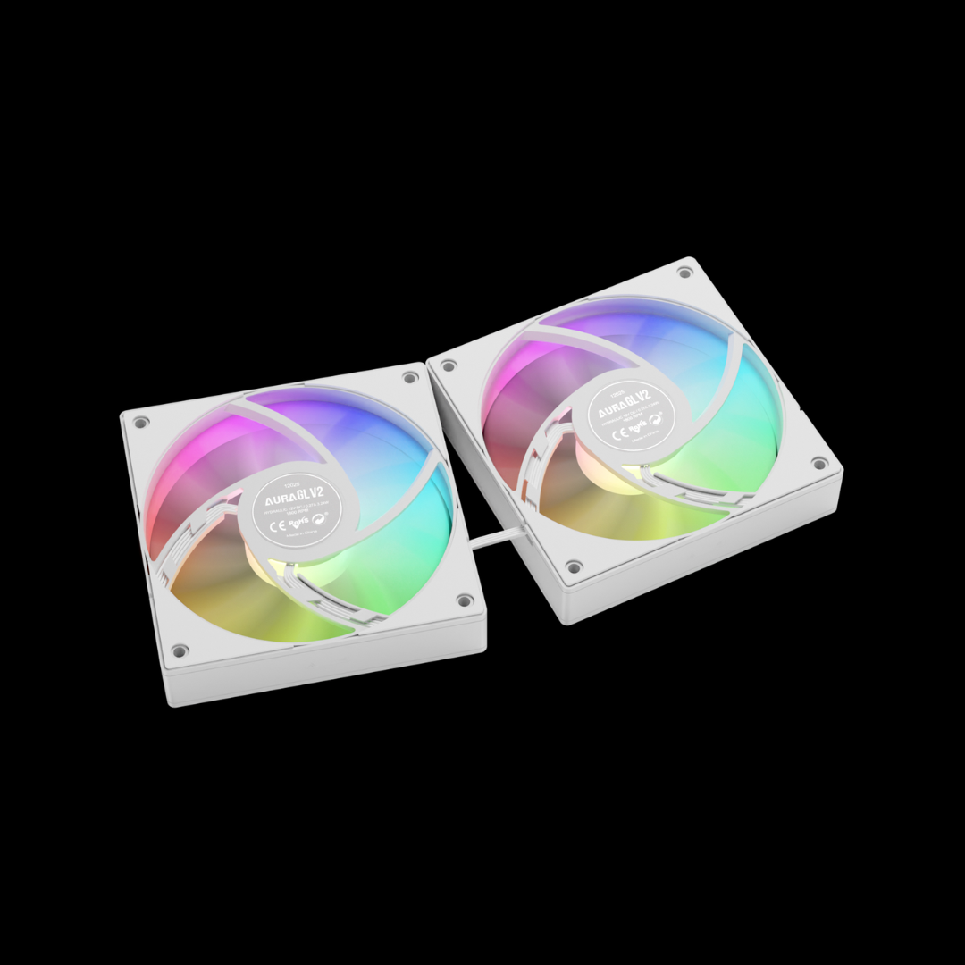 Two RGB LED fans on a black background