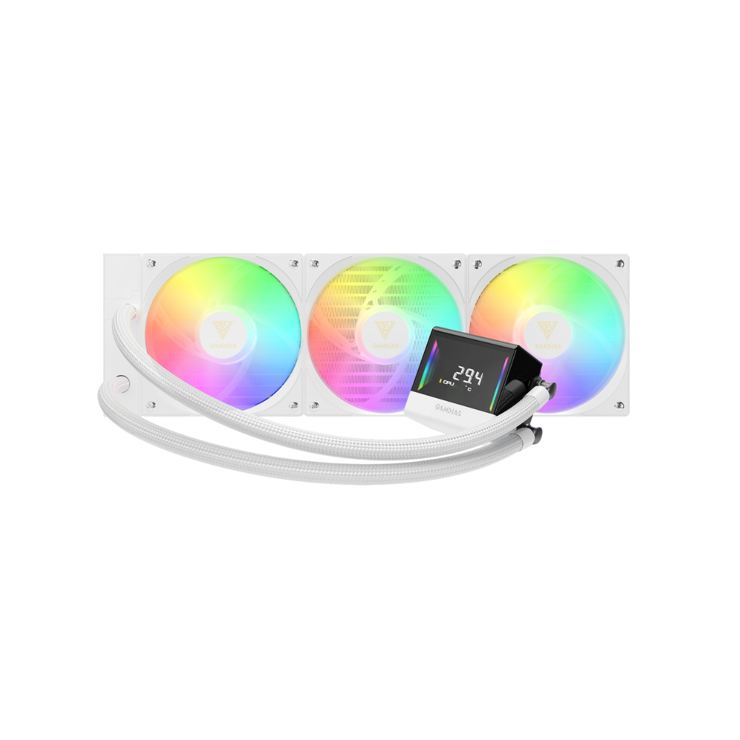 GAMDIAS CHIONE E4 360mm AIO CPU Liquid Cooler, Real-time Digital Display Patented PWM Pump, Hidden Cable Design, ARGB PWM Fan w_MB Sync, Intel LGA 1700_1200, AMD AM5_AM4, White