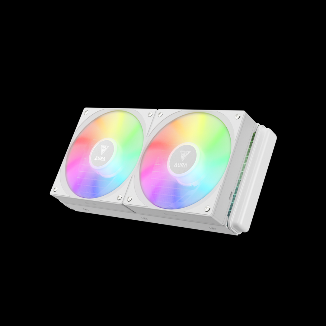 Computer cooling system with RGB fans on a white background