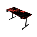 Black and red gaming desk with a brand logo on a white background