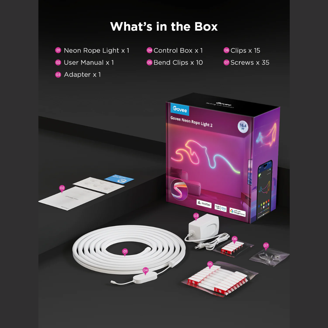 Govee Neon Lights, RGBIC Neon Rope Light 2 Works with Matter, Alexa, Google Assistant, Custom DIY Neon Strip Lights for Bedroom and Wall Decor, Shape Mapping, Softer Material, 16.4ft, White