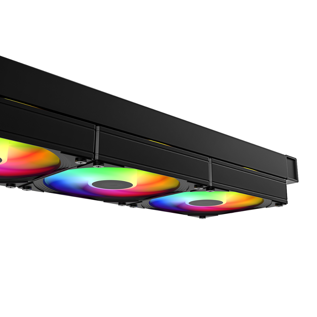 Black computer cooling system with RGB fans on a white background