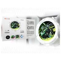 Toy robot in a circular display case with packaging on a white background